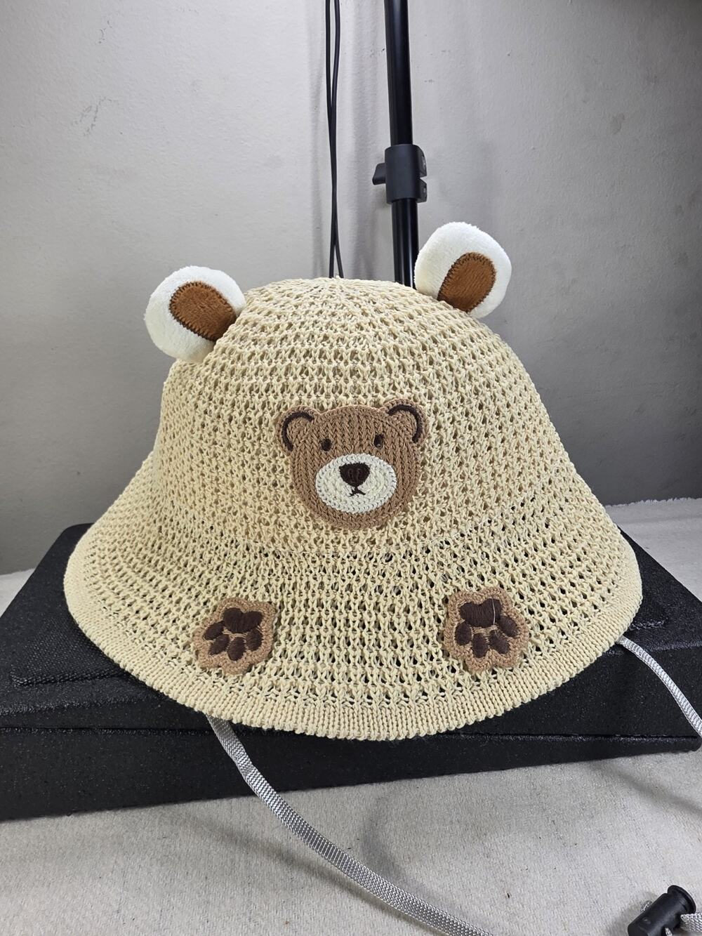 Baby Toddler Bear Bucket Hat Crochet Sun Hat with Ears Paw Beige Adjustable